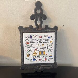 VINTAGE KITCHEN CAST IRON FRAMED TILE TRIVET WALL HANGING